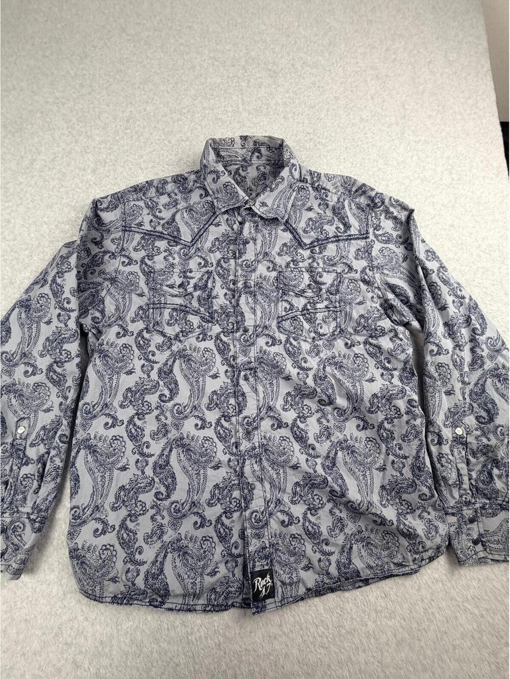 Rock‎ 47 Mens Western Shirt XL Blue Paisley Snap Buttons Long Sleeve Yokes
